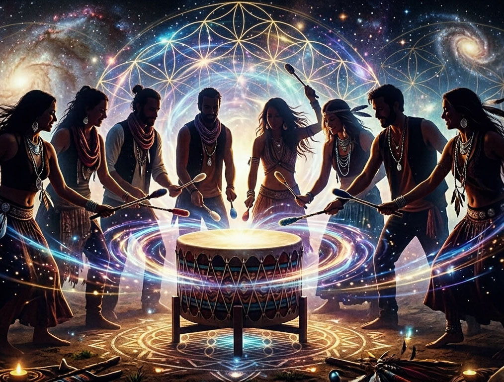 un groupe d'amérindiens et d'européens jouant ensemble sur un grand tambour mère, pour un pow wow dans une énergie cosmique et envoûtante
